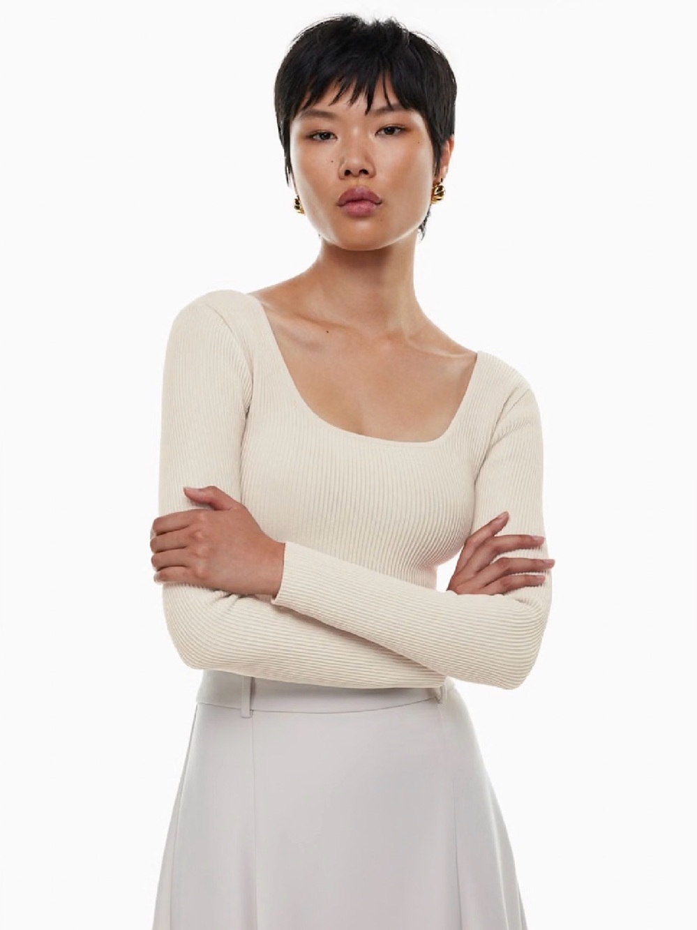 NWT Aritzia Babaton Cream Sculpt Knit Long Sleeve Size Small Cropped Square Neck